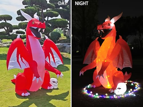8FT Halloween Inflatable Red Dragon with Flame Lamp - Outdoor Yard Decoration