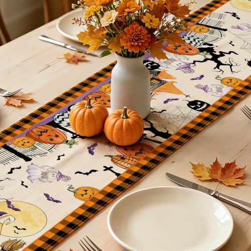 Halloween Gnome Table Runner - 13x72 Inch Orange Kitchen Decor