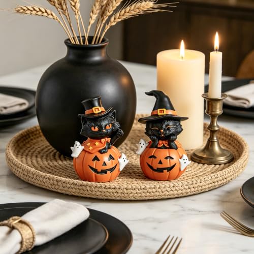 Halloween Black Cat Pumpkin Decor Set of 2 - Spooky Fall Home Party Decorations - Black & Orange