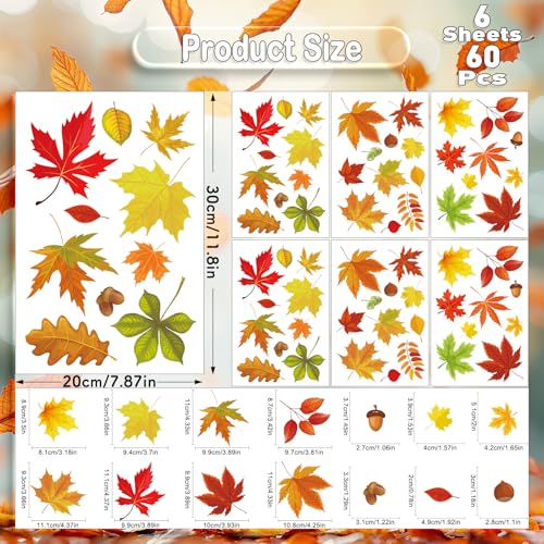 Fall Leaves Window Clings - 6 Sheets 60 Pieces Autumn Decor with Maple & Acorn Patterns