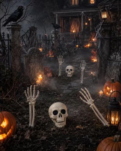 Vivinova 6-Pack Halloween Skeleton Decorations Outdoor with 2 Realistic Skull Heads - Creepy Yard Props