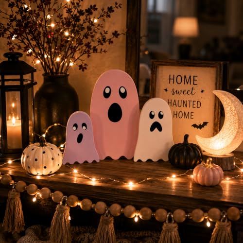 Pink Halloween Ghost Decor Set - Wooden Tabletop Seasonal Decorations