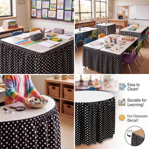 Polka Dot Table Skirt for Teacher Desk - Black & White 72x30 Inches - Elegant Style