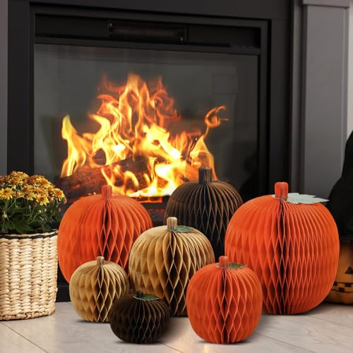 7 Pcs Fall Pumpkin Honeycomb Centerpieces - 3D Paper Decorations for Autumn & Halloween