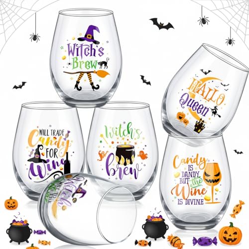 Halloween Stemless Wine Glasses Set - 6 Pcs 15oz Witch Queen Tumbler