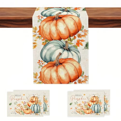 Fall Pumpkin Table Runner 13x72 Inches with 4 Placemats - Autumn Decor