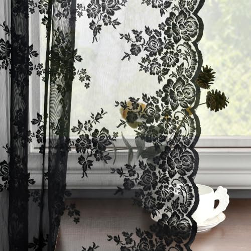 Black Lace Curtains 52x102 Inches - 2 Panels, Gothic Floral Sheer Window Treatment - Variation of THIS listing: Black / 52"W x 102"L