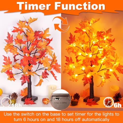 Fall Decor 2 Pack 24-Inch Lighted Maple Trees with 48 LEDs & Timer - Style 1