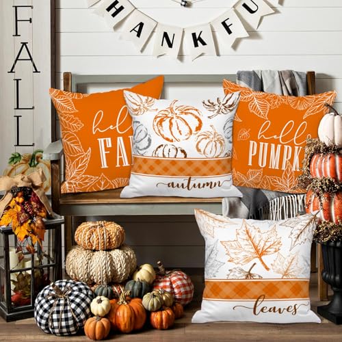Fall Pillow Covers Set of 4 - 24x24 Inch Autumn Cushion Cases for Thanksgiving & Halloween - Orange / 24"x24"