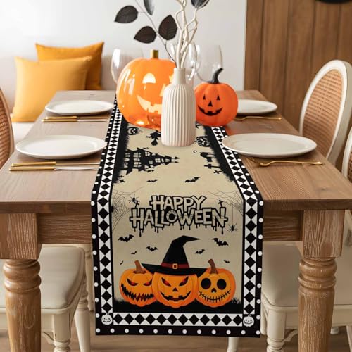 Halloween Table Runner 13x90 Inch Haunted House Pumpkin Decor for Festive Dining