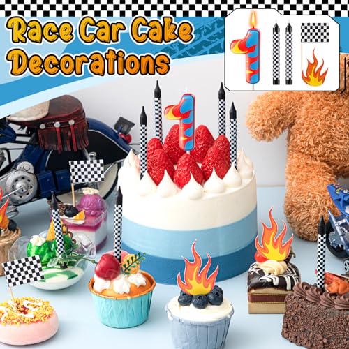 Race Car Birthday Number 1 Candle & Checkered Cake Topper Set - Racing Theme