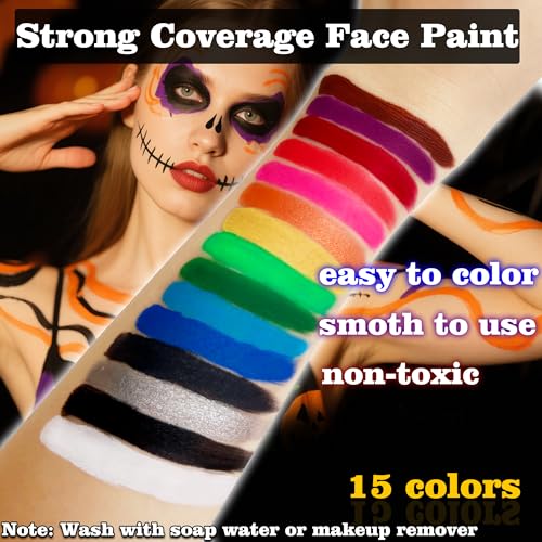 15-Color Halloween Face & Body Painting Kit Washable & Quick Drying