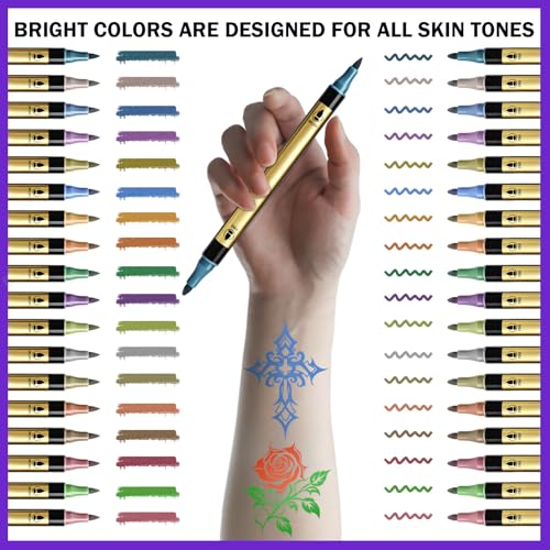 Ponhey Multicolor Temporary Tattoo Markers Set with 30 Metallic Pens & 67 Stencils