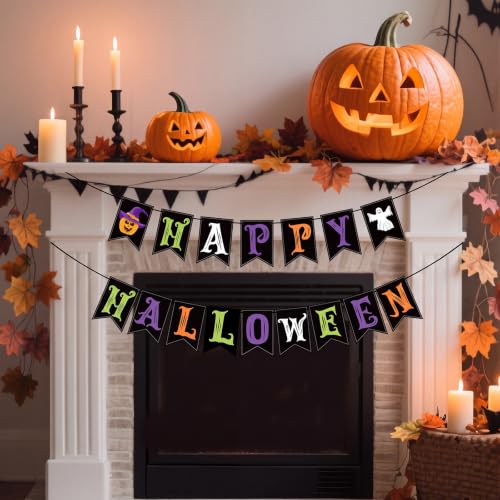 Halloween Decorations Indoor Banner Set with Pumpkin Ghost - White, Orange, Green, Purple