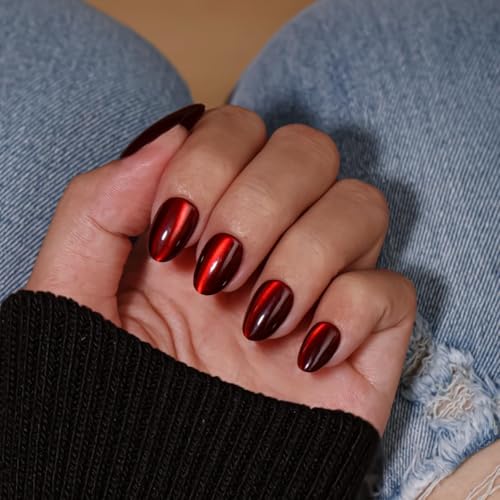 Red Cat Eye Press On Nails Short Oval Glitter Fake Nails with Glue - Reusable