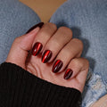 Red Cat Eye Press On Nails Short Oval Glitter Fake Nails with Glue - Reusable