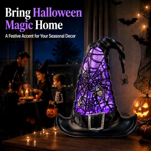 Halloween Snow Globe Lighted Witch Hat Decor - Purple LED Glitter Water Globe - Witch Hat Variation