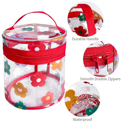 TotePrint Printed Flowers Clear Cylinder Travel Makeup Bag,Portable Waterproof Pouch with Handle Ideal for Women and Girl (Multi Flowers)