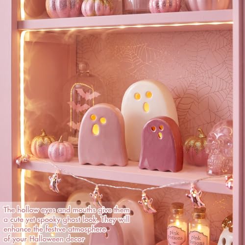 Pink Halloween Ghost Ceramic Decorations with Tea Light Candles - Variation of Ghost