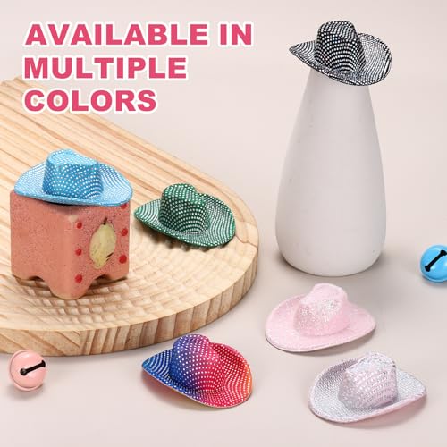 Mini Cowboy Hats Set - 12 White Glitter Dot Western Accessories, 2.6x2.2 Inch