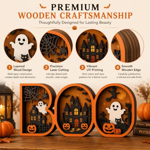 Halloween BOO Sign - 3D Wooden Spooky Decor for Tabletop & Shelf - BOO Decor Variation