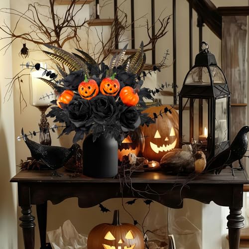 Halloween Artificial Flower Stems - 14pcs Black Halloween Decor for Vase, Table, Room, Indoor Party - Black
