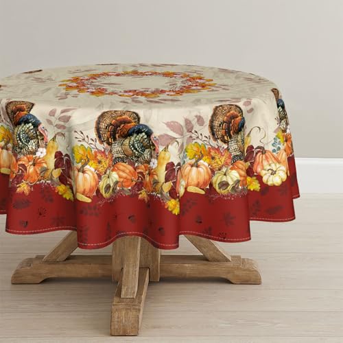 Horaldaily Thanksgiving Tablecloth 90x90 Inch Round - Turkey & Pumpkin Red