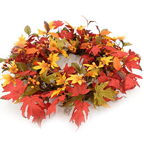 20-Inch Fall Wreath for Front Door - Autumn Maple Leaves Decor for Thanksgiving & Halloween