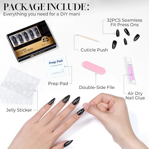 Obsidian Gloss Soft Gel Press-On Nails - 32 Pcs Reusable Black Almond False Nails for DIY Manicure