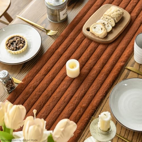 Caramel Plush Faux Fur Jacquard Table Runner 13x72 Inch Holiday Decor