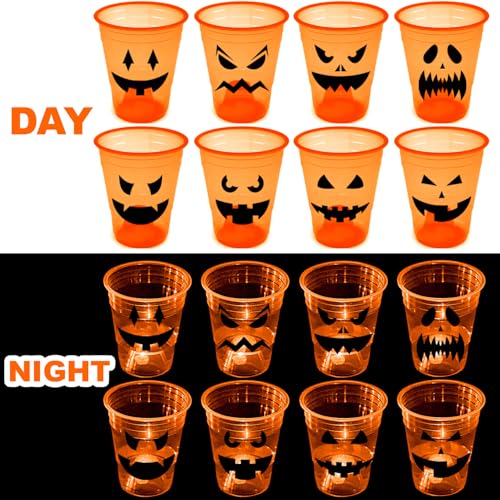 Halloween Glow Pumpkin Party Cups - 40 Pack 16oz Reusable Orange Plastic Cups with LED Lights