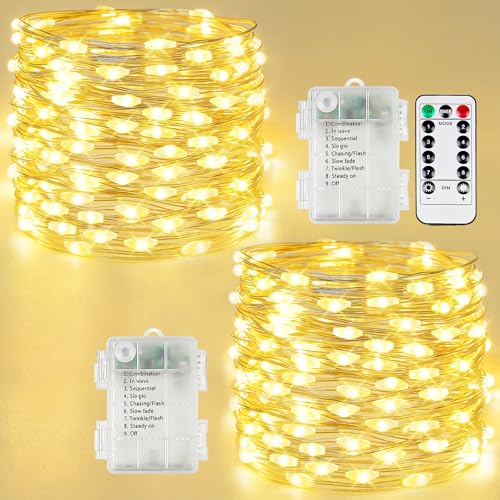 2 Pack Battery Operated Fairy Lights with Remote 66ft 200 LEDs Warm White - Indoor & Outdoor Decor