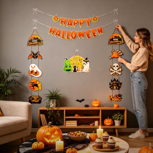 Halloween Banner and Decor Set with Pumpkin, Ghost, Bat & Skull for Indoor Outdoor Party