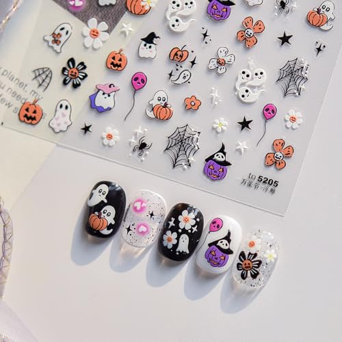 Halloween Nail Stickers 5D Embossed Ghost Pumpkin Spider Web Design - Variation of Halloween Decals Style1