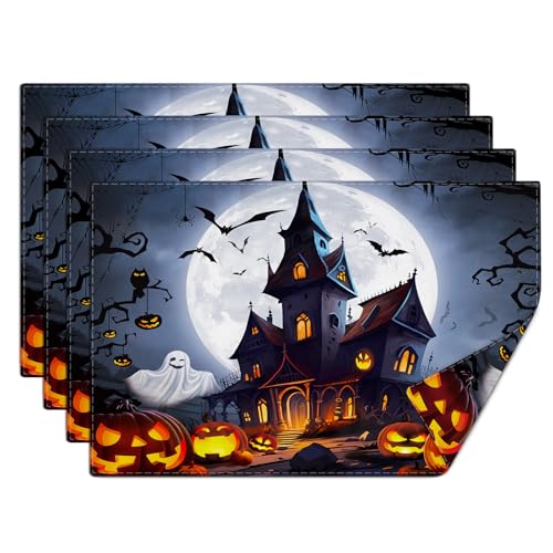 Halloween Haunted House Placemats Set of 4 - 12x18 Inch Washable Linen Table Mats with Full Moon Castle Design - Variation 0135-Moon Castle
