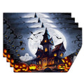 Halloween Haunted House Placemats Set of 4 - 12x18 Inch Washable Linen Table Mats with Full Moon Castle Design - Variation 0135-Moon Castle