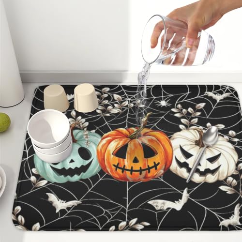 Halloween Pumpkin Dish Drying Mat 18x24 Black Spider Web Spooky Pumpkin – Variation of THIS listing