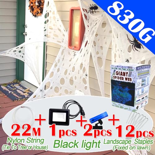Giant Outdoor Spider Web Decoration Kit - 1400 Sqft Glow-in-The-Dark Blue Web with Blacklights - Halloween Decor, Reusable and Easy to Install - White Variation