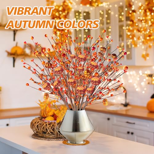 Artificial Fall Berry Stems with Orange Pumpkins & Glitter Picks - 6 Pieces