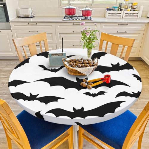 Halloween Bat Tablecloth - Black & White Round Elastic Edged Washable 40-44 Inch - Bats Variation