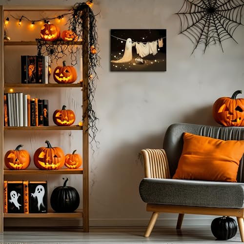 Halloween Ghost Wall Art Canvas - Framed Art for Haunted Decor - Variation of Ghost