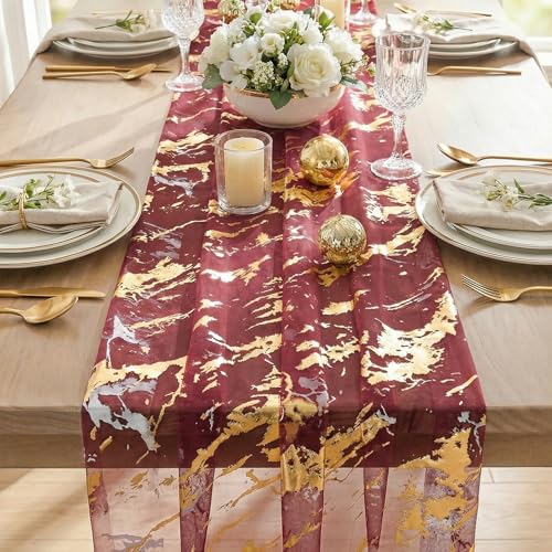 28x120 Inch Burgundy Marble Pattern Gauze Table Runner with Glitter Metallic Foil - Wedding & Party Decor