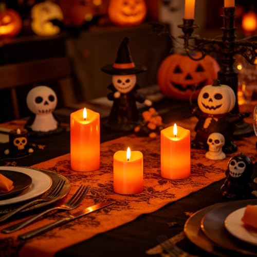 3 Pack Orange Flameless Battery Operated Pillar Candles with Remote Timer