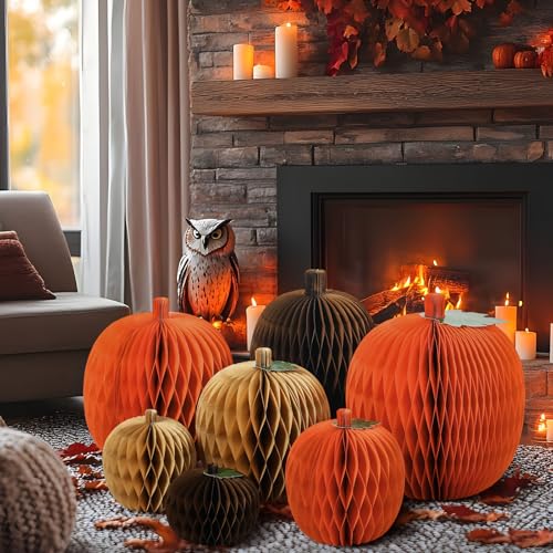 7 Pcs Fall Pumpkin Honeycomb Centerpieces - 3D Paper Decorations for Autumn & Halloween