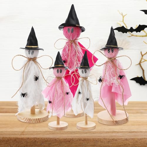 Halloween Ghost Decorations Set - Primitive Pink Wooden Centerpieces for Home & Party