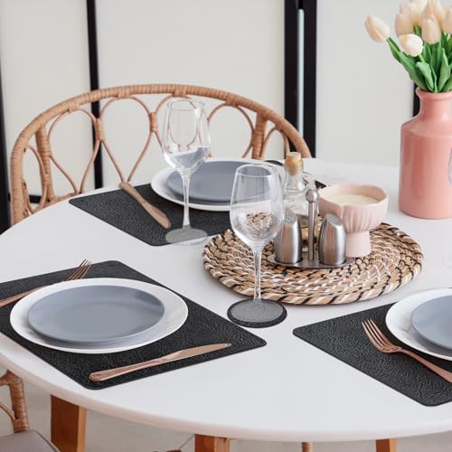 Black Faux Leather Halloween Placemats & Coasters Set of 6 - Non-Slip Waterproof Heat-Resistant Table Mats