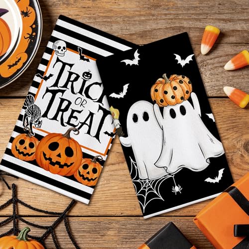Hexagram Halloween Kitchen Towels Set of 2 - Black Stripe Ghost Design, 18x28 Inches