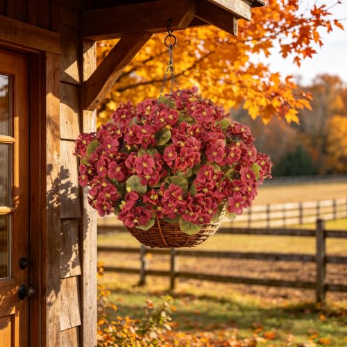 Artificial Fall Flowers for Outdoors - 6PCS Silk Geraniums - Dark Red - Seasonal Autumn Decor