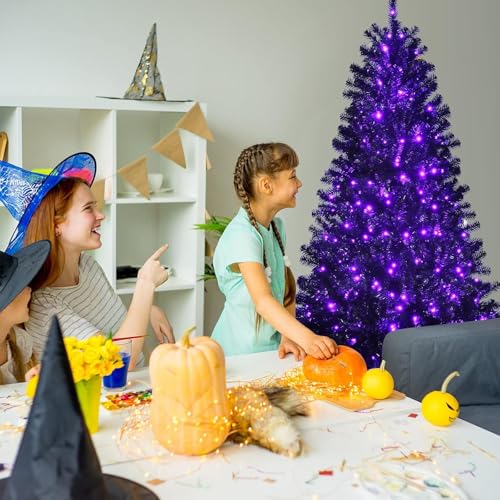 6ft Black Artificial Christmas Tree with Purple LED Lights - Halloween & Holiday Decor