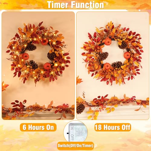 26 Inch Fall Wreath with Lights & Timer for Front Door - Autumn Pumpkin, Eucalyptus, Pinecones
